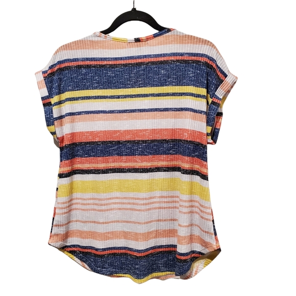 3/$15 Almost Famous Multi Color Striped Short Sleeve Button Up Blouse Size Large - Picture 4 of 6